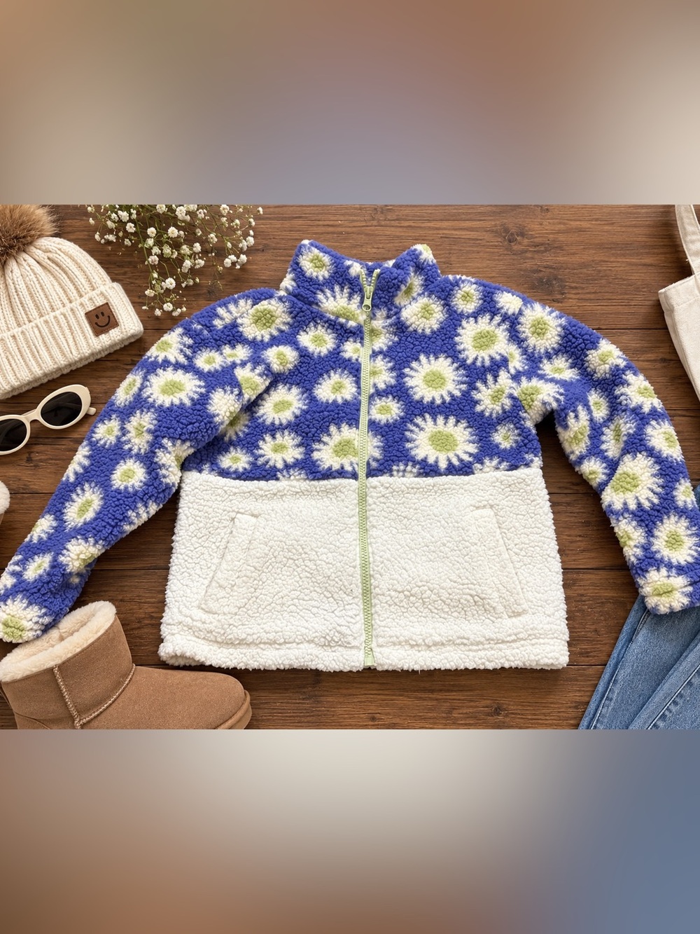 Cat & Jack Girls Blue Daisy Sherpa Fleece Jacket Cream Full Zip Size 7/8